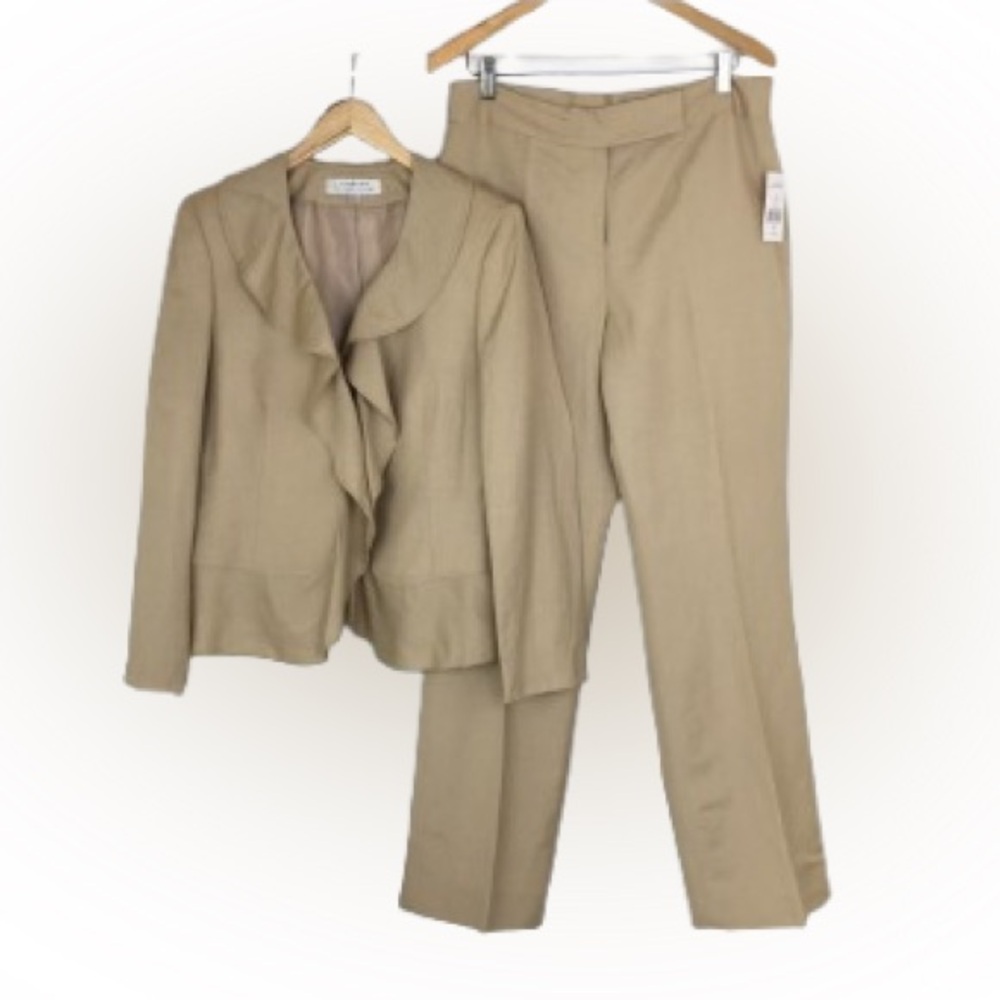 Tahari Linen Pantsuit NEW 2PC Ruffle Front Blazer And Pants Women’s Size 12